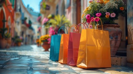 Colorful shopping bags placed on the cobblestone pavement in a quaint European-style alley