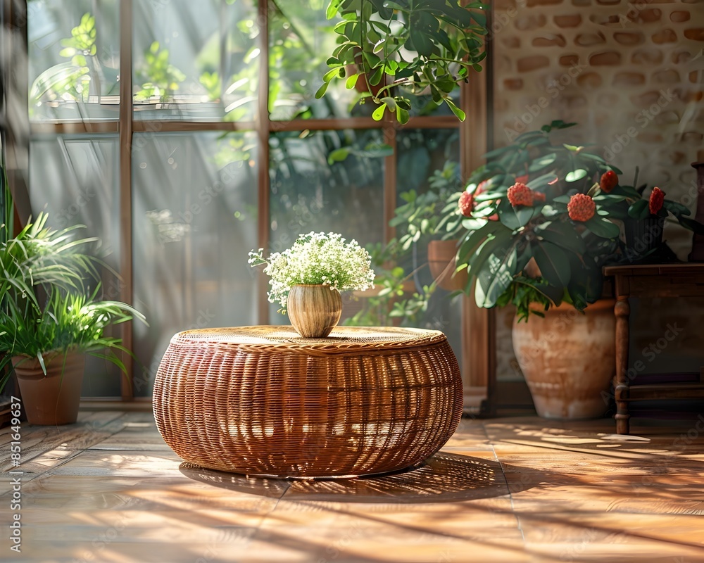 Poster sunlit wicker table in conservatory ideal for botanical product displays