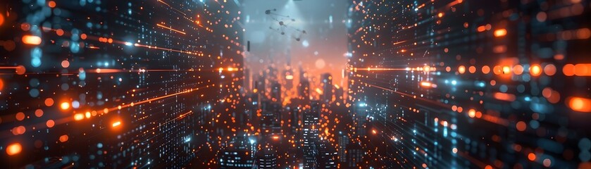 Fototapeta premium Futuristic Simulated Urban Landscape with Illuminated Cityscape and Digital Networks