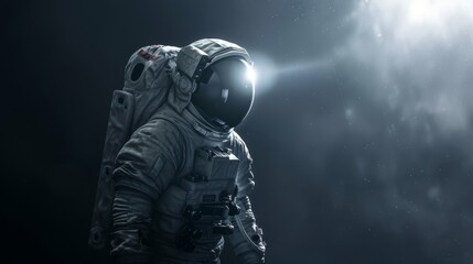 An astronaut pierces through a shadowy backdrop with a beam of light,&nbsp;echoing themes of hope and enlightenment