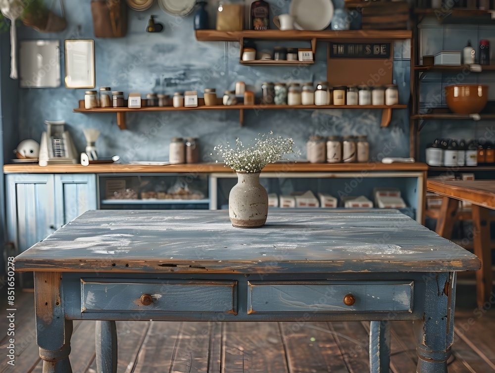 Poster rustic chalk painted wooden table in craft store with inviting display setup