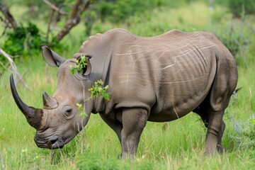 Obraz premium Majestic rhinoceros grazing in verdant grassland