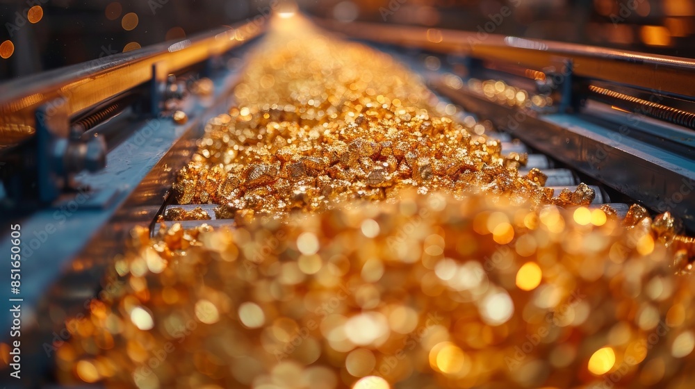 Poster glimmering candies are transported by a conveyor system in an industrial setting with focus on movem