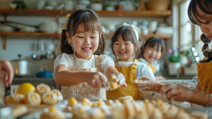 Children joyfully baking and decorating cookies in a kitchen, sharing laughter and creativity while making delicious treats together