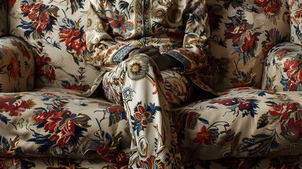 Chameleon Blend: Person Disguised in Matching Couch Fabric, Camouflaged in Intricate Patterns of Sofa, Seamless Integration Concept