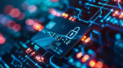 Secure online payment concept featuring a digital lock icon and a credit card on a screen
