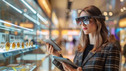 Blurred stylish woman using augmented reality glasses while handling a tablet in a contemporary store setting