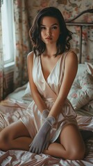 Obraz premium European beauty in silk pajamas relaxing at home, showcasing elegance and comfort.