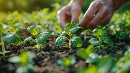 Fototapeta premium The image shows hands gently planting and nurturing young green seedlings in fertile soil, symbolizing growth and care
