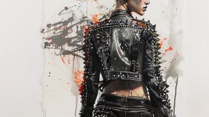 a drawing of model figure with Edgy punk fashion with lots of leather and studs outfi