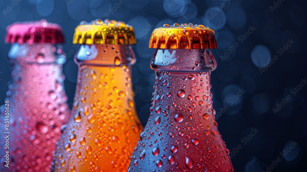 Poster three beer bottles with bright caps, coated in water droplets, against a bokeh background the image 