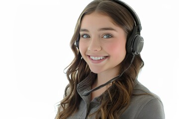 A woman wearing a headset and smiling
