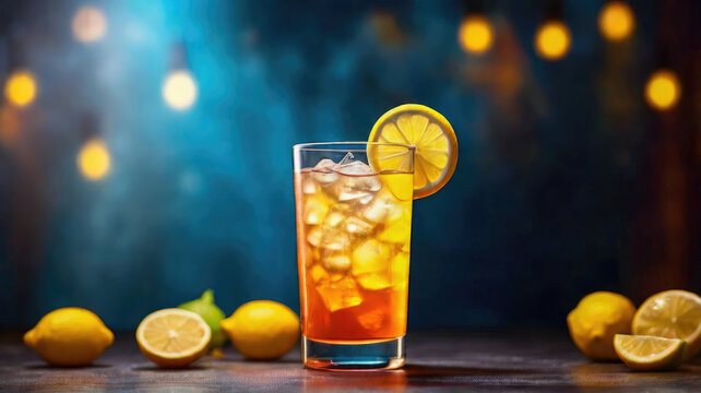 Arnold paler cocktail, drink Professional food photography, neon glowing lights in background, advertisement promo style 