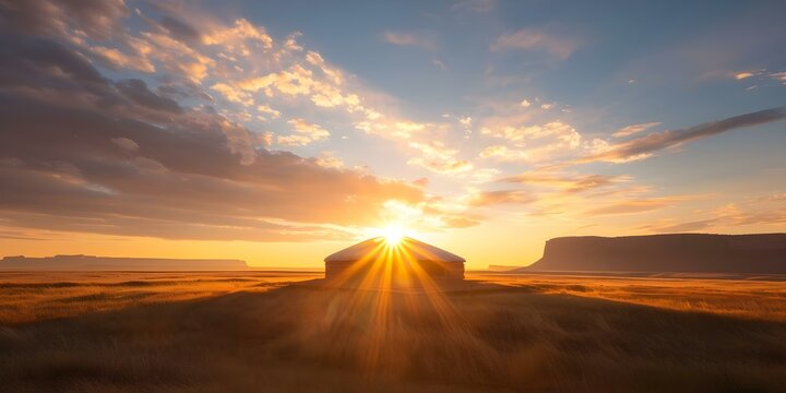 Traditional Native American Architecture Sunset over a Navajo Hogan Dwelling. Concept Native American, Architecture, Sunset, Navajo Hogan, Dwelling