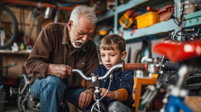 Senior man showing a young boy how to fix a bicycle in a garage