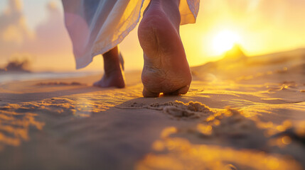 A close shot of Jesus' feet moving across the sand towards the rising sun. The slow movement shows the humility and love that accompany His mission and search for salvation.