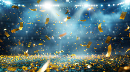 A shower of golden confetti covers the football stadium, shining in the spotlight against a deep blue background.