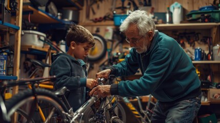 Obraz premium Senior man showing a young boy how to fix a bicycle in a garage