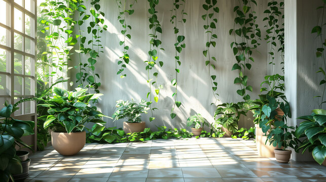 Green pothos in pots placed on the floor or suspended at height create impressive green compositions. Their long, lively vines twist and climb up the walls.
