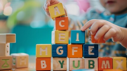 Child playing with colorful alphabet blocks, stacking them on table. Educational activity for early learning and cognitive development.