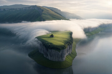 Misty Mountainous Landscape with Green Meadow and Fog Shrouded Cliffs