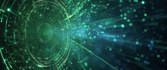 Fototapeta premium Blue background with glowing green light streaks and circle elements for technology or science background