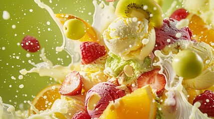 **Ice cream explosion with fruit slices on a solid olive background. 32k, full ultra HD, high resolution