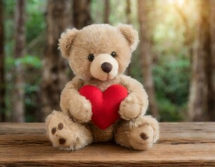Obraz premium teddy bear plush holding a heart on wooden table, as a gift for valentines day, as a symbol of love and friendship