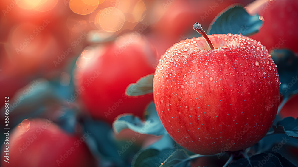 Poster a red apple is surrounded by other apples on a tree. the apple is wet and shiny, and it is the cente