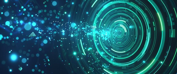 Blue background with glowing green lines and circles, futuristic design