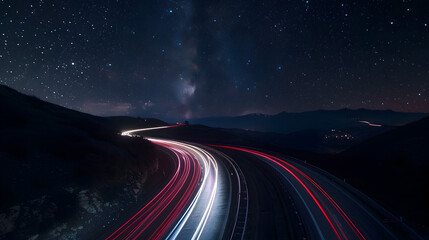 Dynamic Nighttime Highway with Light Trails in Starry Sky