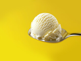 スプーンの上のバニラアイスクリーム（黄色バック）