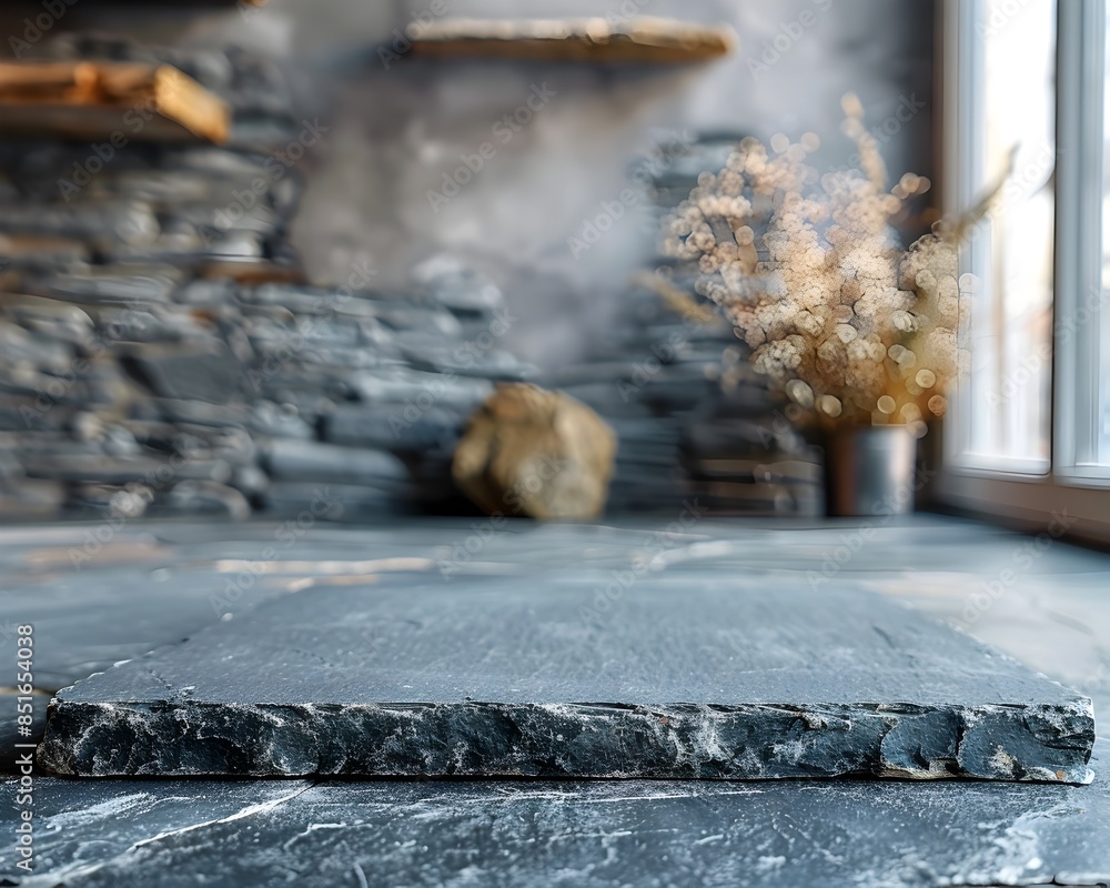 Poster elegant grey slate table in natural stone showroom displaying earthy elements and empty space for pr