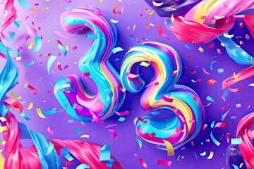 Colorful 3D Number 33 with Festive Confetti Background