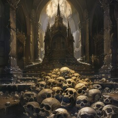 A room full of skulls and a large throne