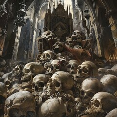 A painting of a graveyard with a large pile of skulls