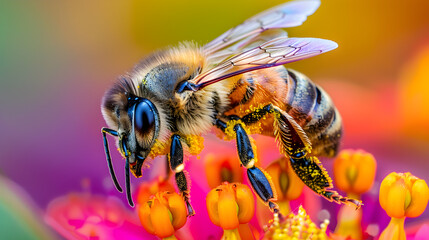 Fototapeta premium Detailed Close-Up of Honeybee Collecting Pollen on Vibrant Flower