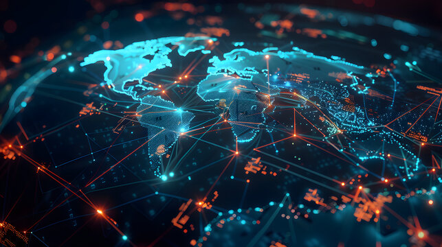 Digital world map planet Earth space global globe sky space 5G wireless network AI big data communication pathways science technology web internet connection transmission cyber cloud computing online