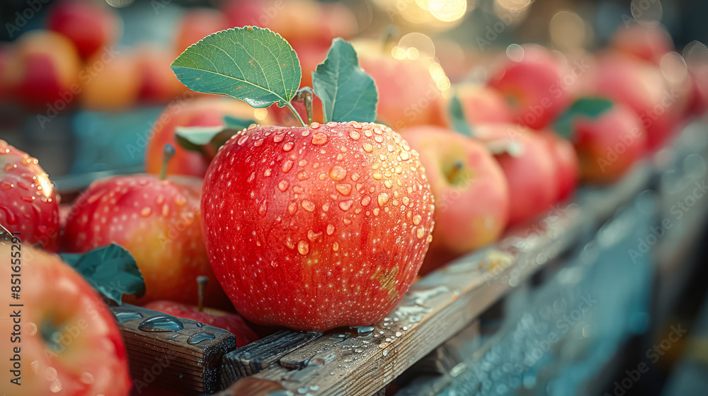 Poster a red apple is surrounded by other apples on a tree. the apple is wet and shiny, and it is the cente