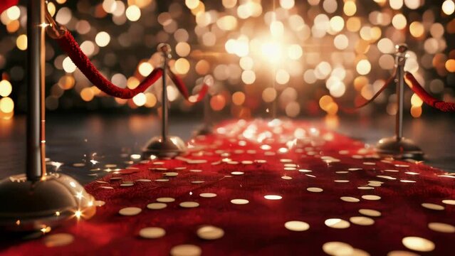 A luxurious red carpet with a red rope leading to an exclusive event or ceremony.