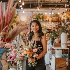 A woman is standing in a flower shop holding a bouquet of flowers