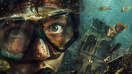 Underwater Adventure: Diver with Camera among Curious Fish and Ancient Ruins