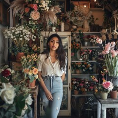 A woman stands in front of a flower shop, wearing a white shirt and blue jeans