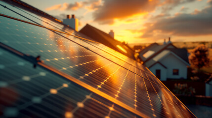 Obraz premium Closeup of solar panels on rooftops catching the morning light