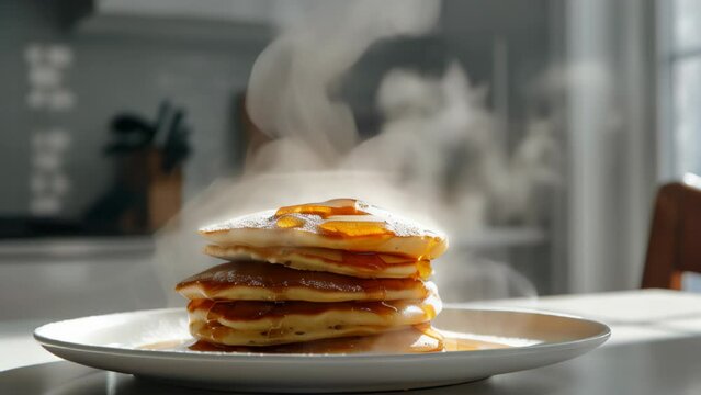 Tasty hot Pancakes stack with steam , crepes or blini for breakfast at home, tasty sweet food