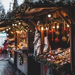 A Christmas market with a variety of decorations and ornaments