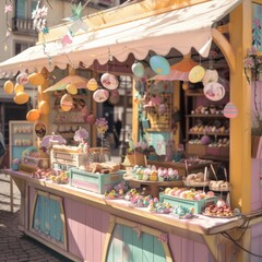 A colorful food stand with a pink and yellow color scheme
