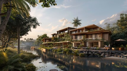 Fototapeta premium Detailed architectural plans for a luxury riverside hotel with modern amenities and eco-friendly design