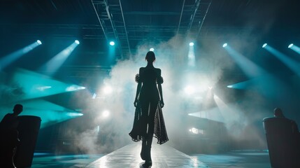 Fashion Model Walking the Runway in a Dramatic Silhouette Against a Backdrop of Blue Lights and Smoke
