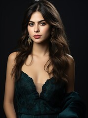 Fototapeta premium A woman in a green dress with long hair and gold earrings